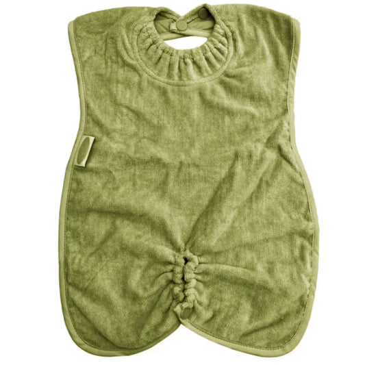 Olive green Silly Billyz Towel Highchair Hugger Bib with Snuggle Neck and highchair attachment loop.