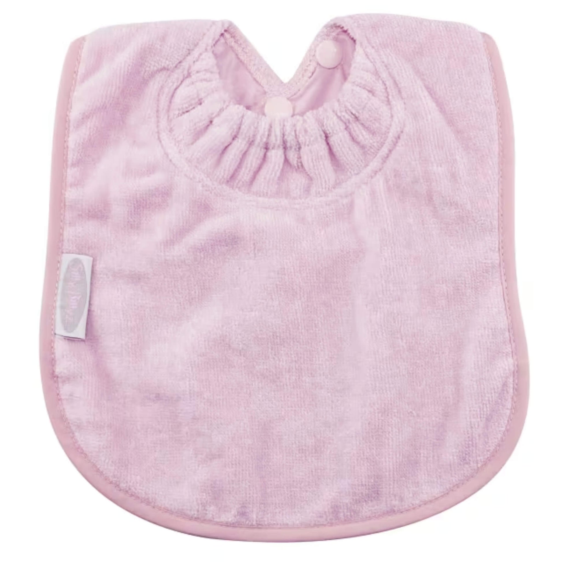 Silly Billyz Towel Plain Large Bib in antique pink with soft cotton velour front, waterproof backing and adjustable double press stud fastening at the neck.