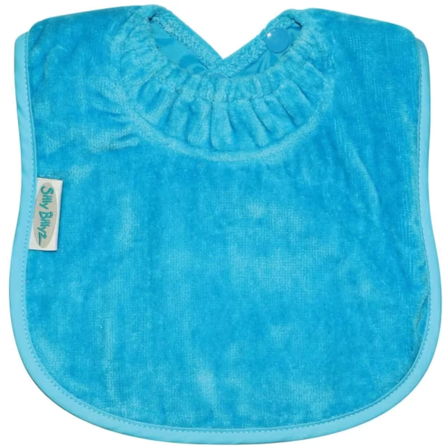 Silly Billyz Towel Plain Large Bib in aqua blue with soft cotton velour front, waterproof backing and adjustable double press stud fastening at the neck.
