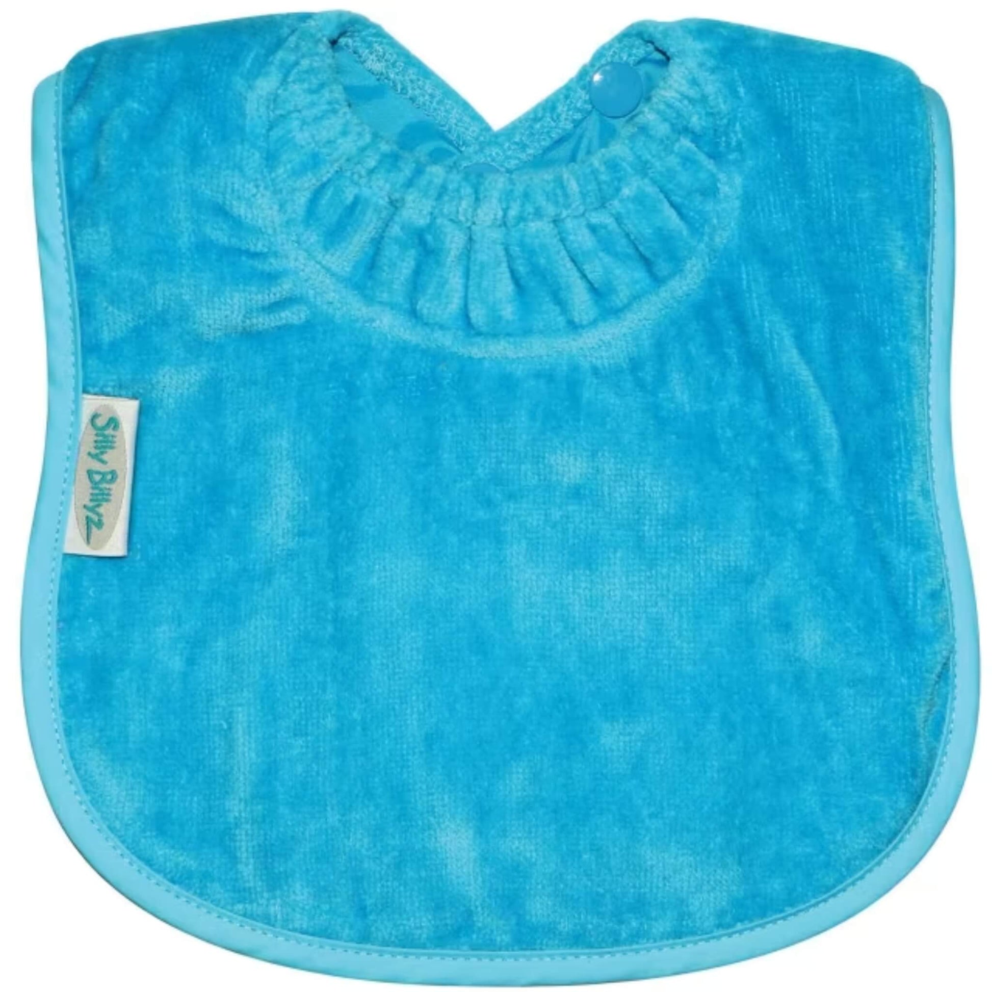 Silly Billyz Towel Plain Large Bib in aqua blue with soft cotton velour front, waterproof backing and adjustable double press stud fastening at the neck.