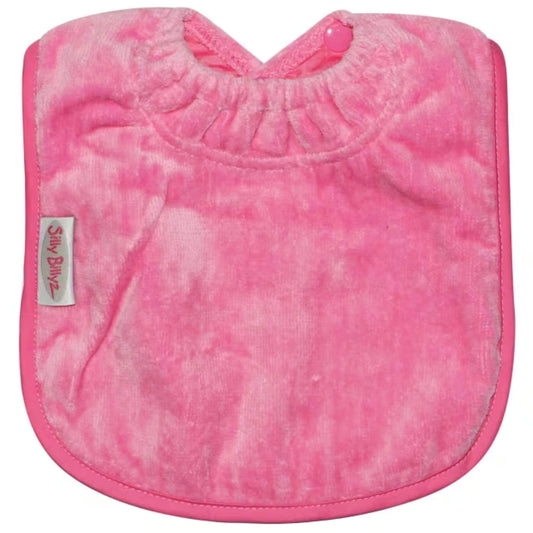 Silly Billyz Towel Plain Large Bib in cerise pink with soft cotton velour front, waterproof backing and adjustable double press stud fastening at the neck.