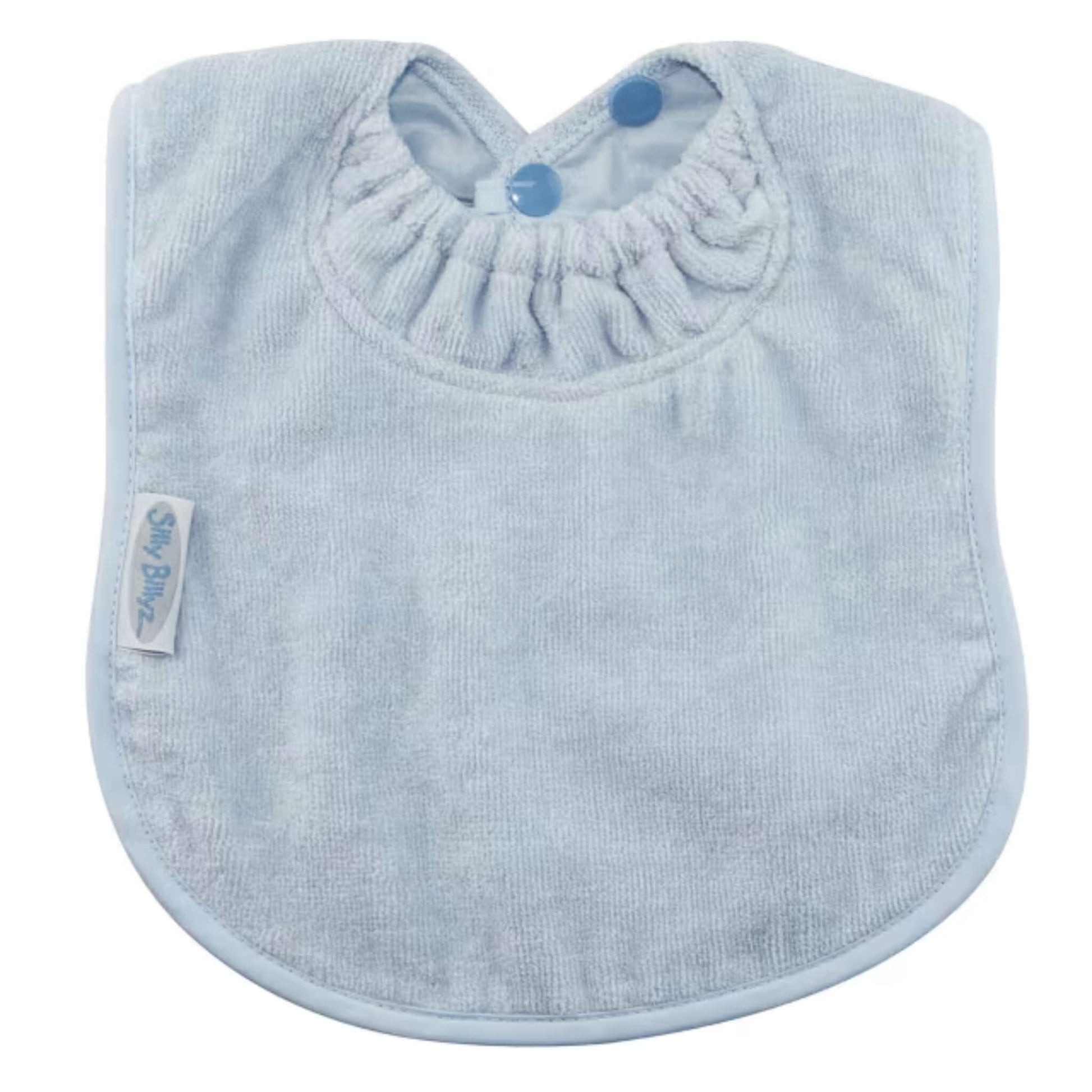 Silly Billyz Towel Plain Large Bib in dusty blue with soft cotton velour front, waterproof backing and adjustable double press stud fastening at the neck.