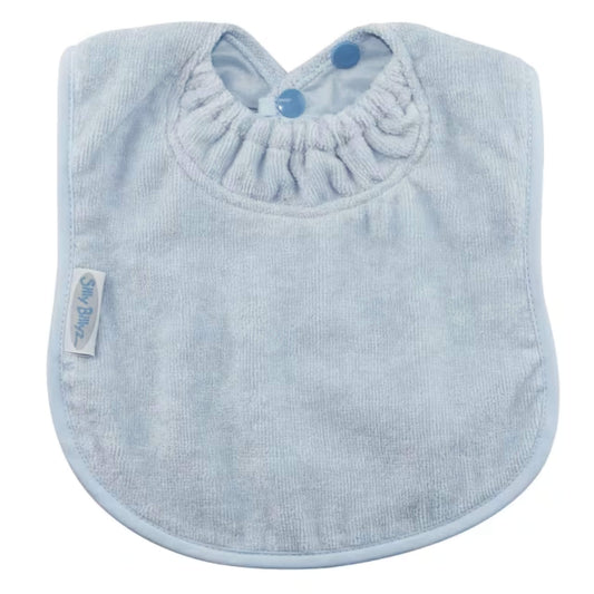 Silly Billyz Towel Plain Large Bib in dusty blue with soft cotton velour front, waterproof backing and adjustable double press stud fastening at the neck.