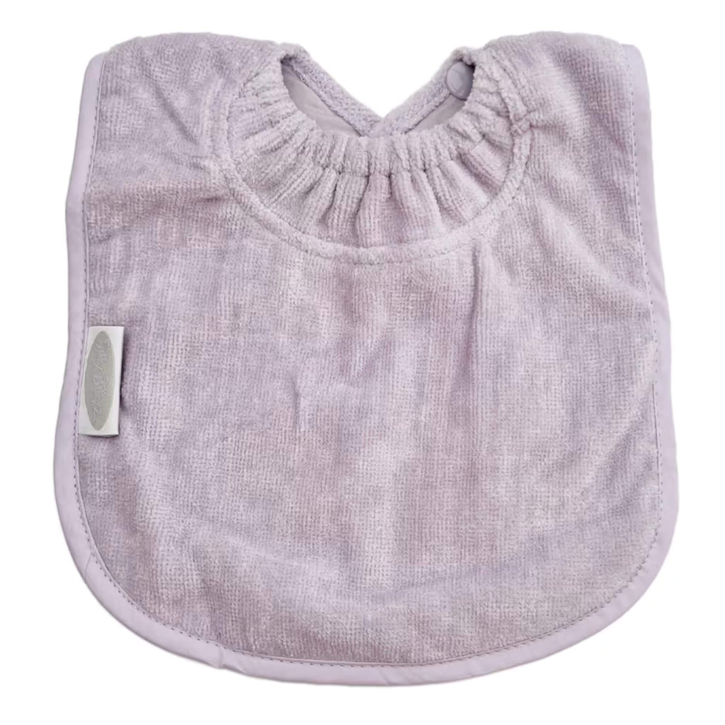 Silly Billyz Towel Plain Large Bib in lavender with soft cotton velour front, waterproof backing and adjustable double press stud fastening at the neck.