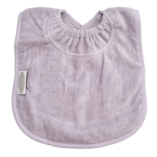 Silly Billyz Towel Plain Large Bib in lavender with soft cotton velour front, waterproof backing and adjustable double press stud fastening at the neck.