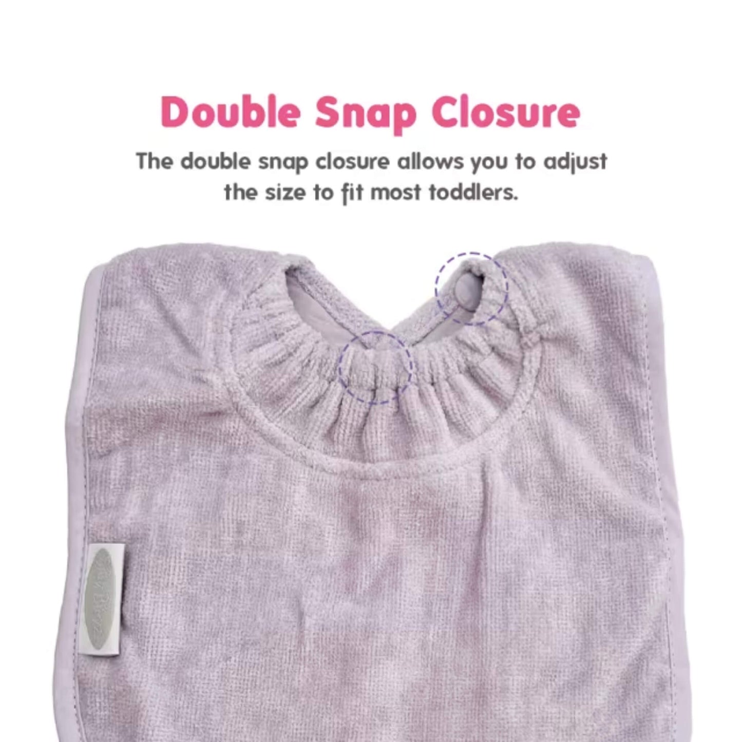 Close-up of a lavender baby bib showing the gathered snuggle neck design with double snap fastenings for adjustable sizing.