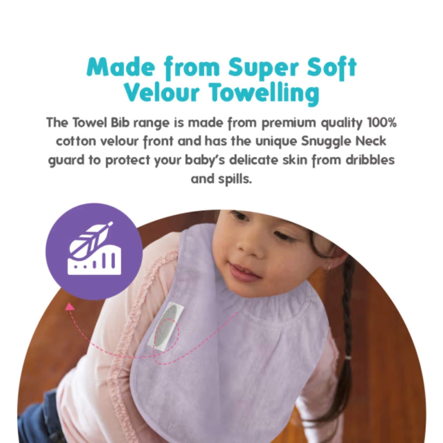 Baby wearing a lavender towelling bib during feeding, showing the soft velour fabric covering the chest area comfortably.