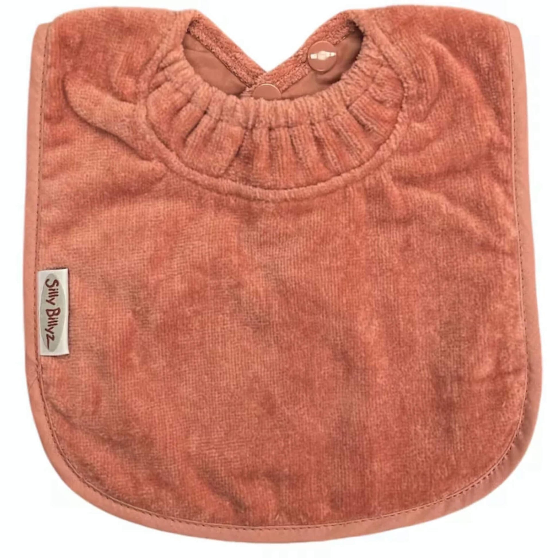 Silly Billyz Towel Plain Large Bib in morocco brown with soft cotton velour front, waterproof backing and adjustable double press stud fastening at the neck.