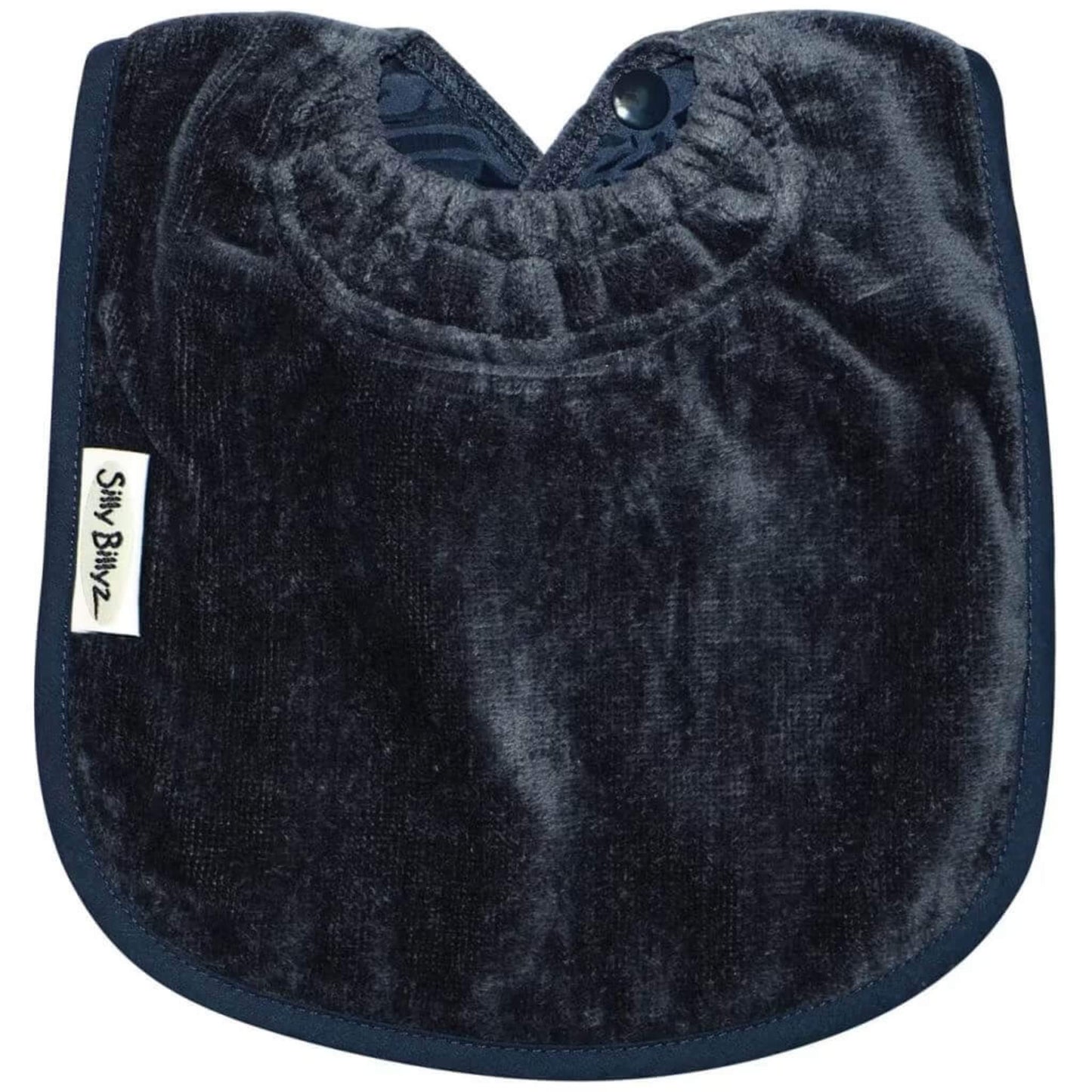 Silly Billyz Towel Plain Large Bib in navy blue with soft cotton velour front, waterproof backing and adjustable double press stud fastening at the neck.