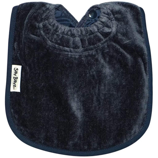 Silly Billyz Towel Plain Large Bib in navy blue with soft cotton velour front, waterproof backing and adjustable double press stud fastening at the neck.