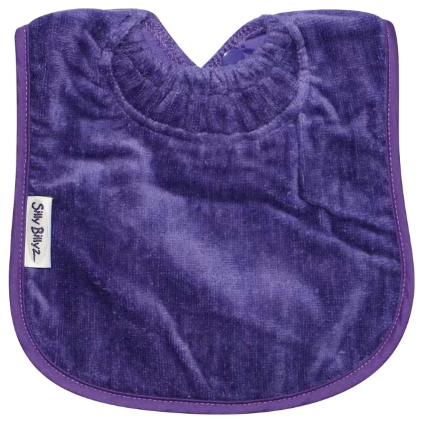 Silly Billyz Towel Plain Large Bib in purple with soft cotton velour front, waterproof backing and adjustable double press stud fastening at the neck.