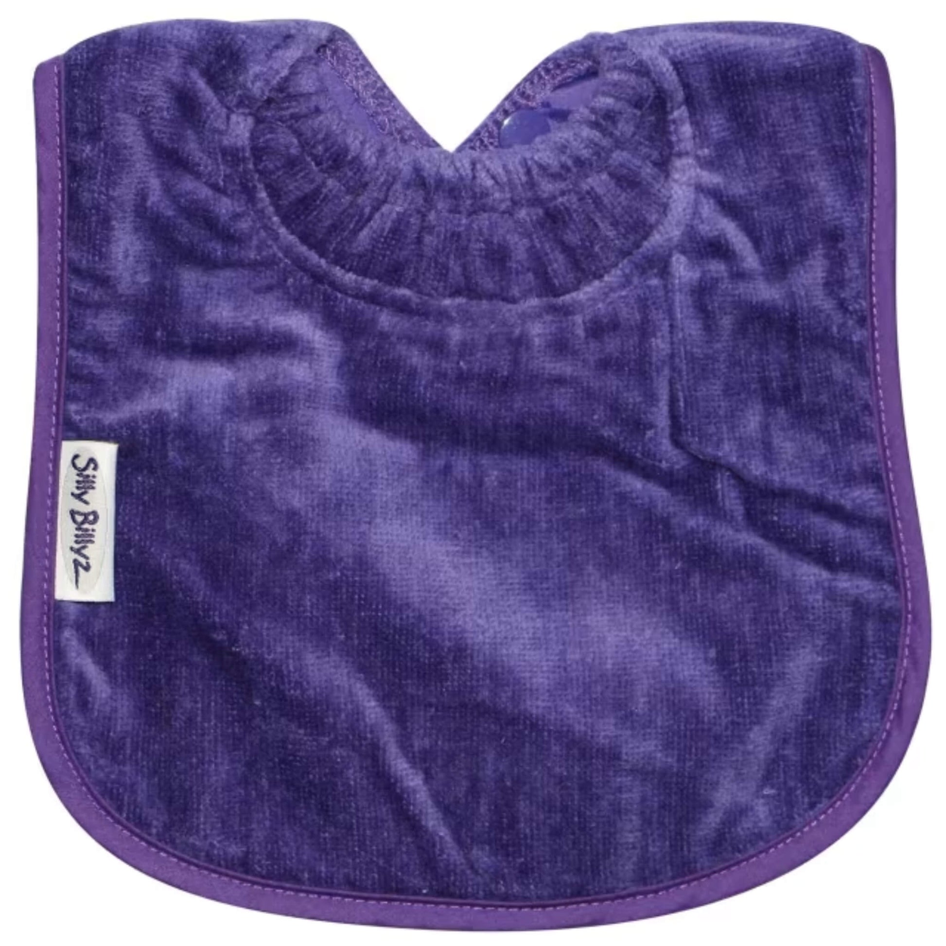 Silly Billyz Towel Plain Large Bib in purple with soft cotton velour front, waterproof backing and adjustable double press stud fastening at the neck.