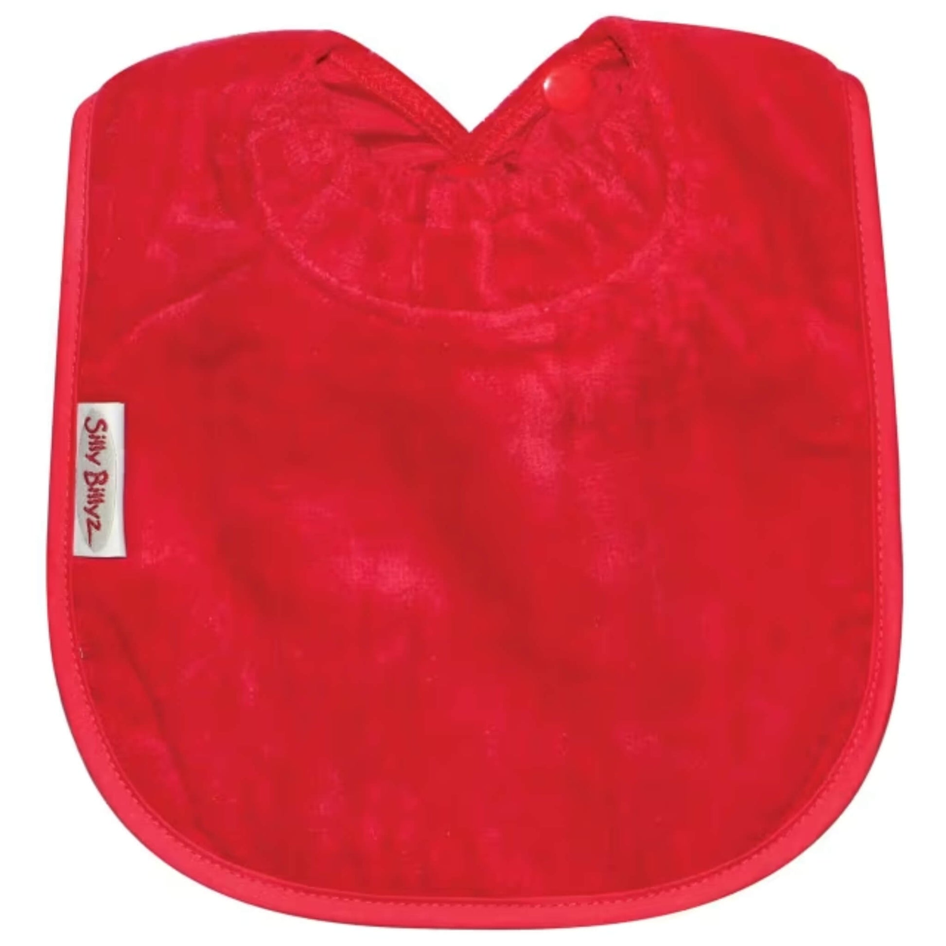 Silly Billyz Towel Plain Large Bib in red with soft cotton velour front, waterproof backing and adjustable double press stud fastening at the neck.