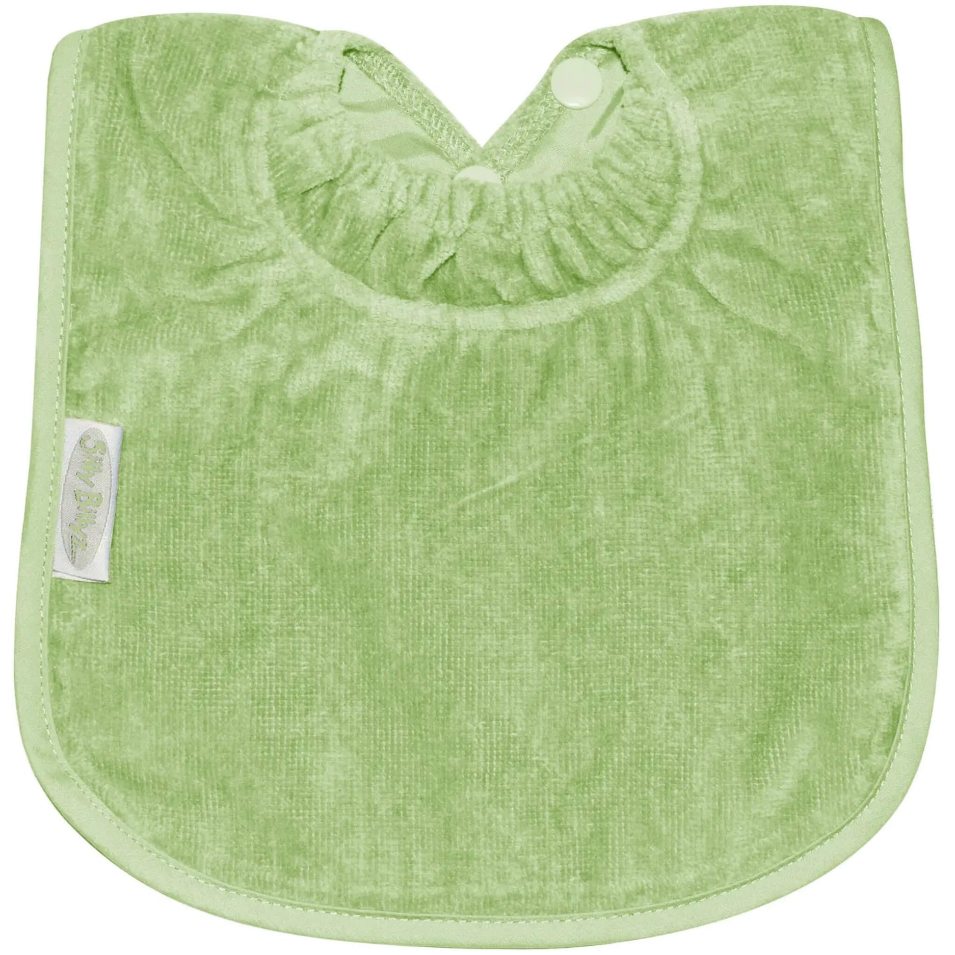A Silly Billyz Towel Large Bib in sage shown laid flat, with a soft towelling front, rounded edges and an elasticated neckline with snap fasteners.