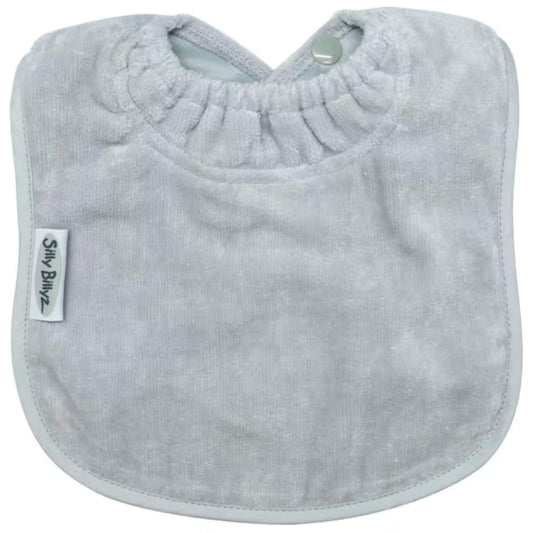 Silly Billyz Towel Plain Large Bib in light grey with soft cotton velour front, waterproof backing and adjustable double press stud fastening at the neck.