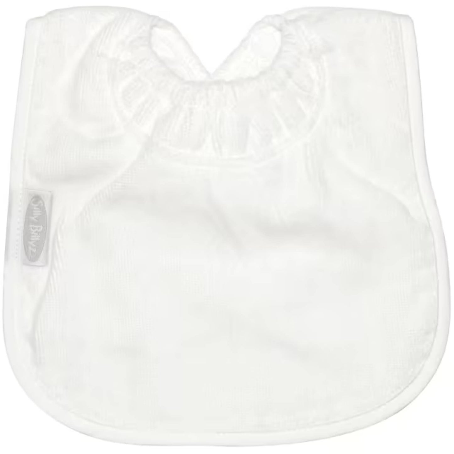 Silly Billyz Towel Plain Large Bib in white with soft cotton velour front, waterproof backing and adjustable double press stud fastening at the neck.