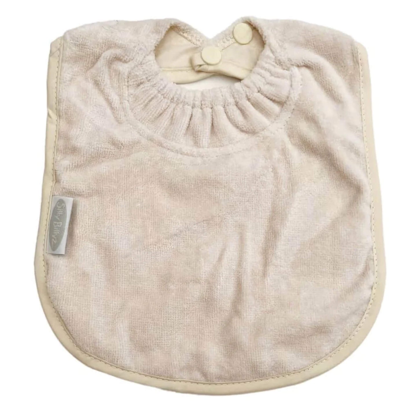 Silly Billyz Towel Plain Large Bib in white sand with soft cotton velour front, waterproof backing and adjustable double press stud fastening at the neck.