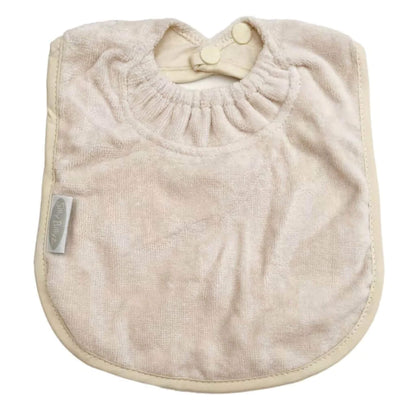 Silly Billyz Towel Plain Large Bib in white sand with soft cotton velour front, waterproof backing and adjustable double press stud fastening at the neck.