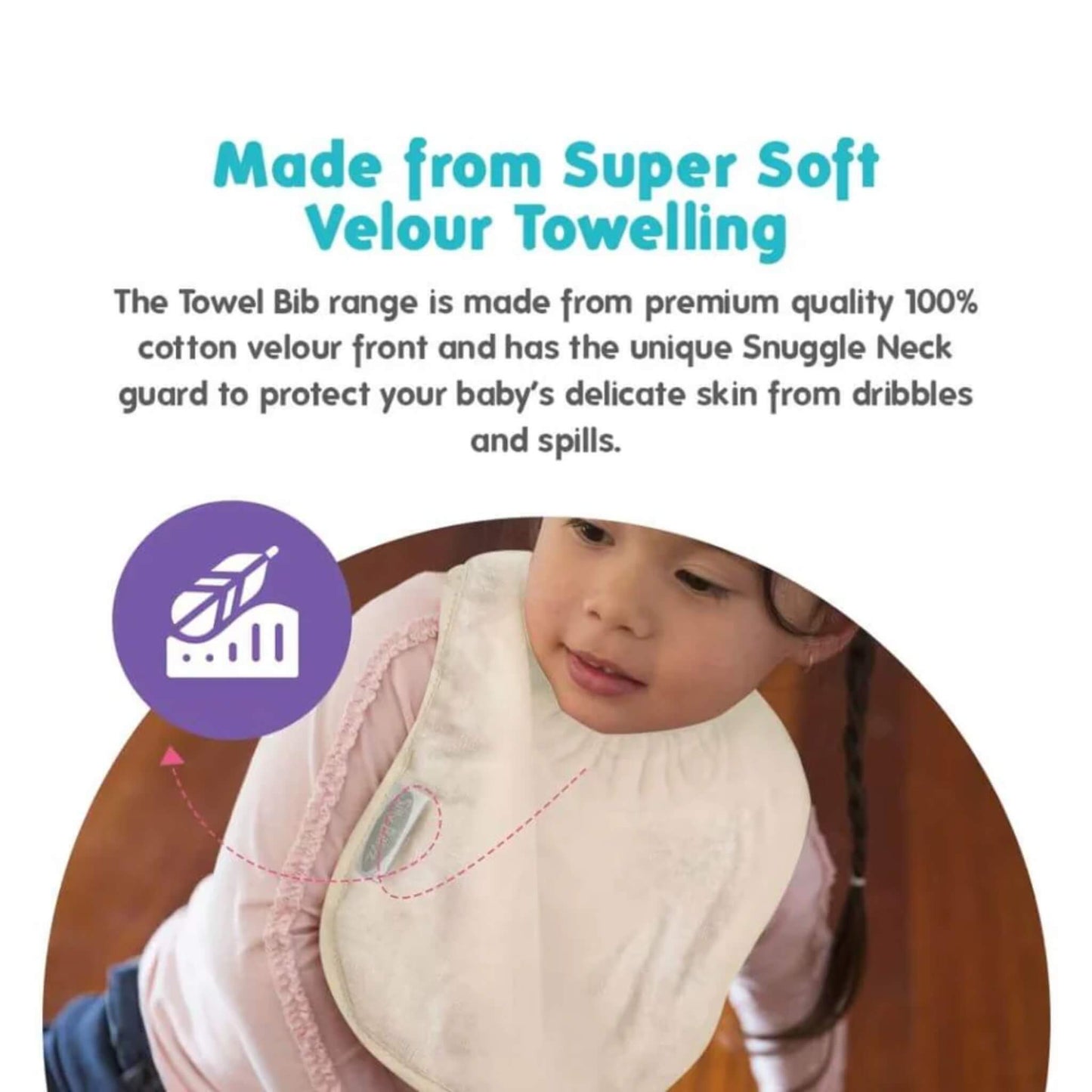 Baby wearing a white sand towelling bib during feeding, showing the soft velour fabric covering the chest area comfortably.