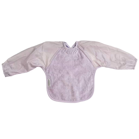 Silly Billyz Towel Long Sleeve Bibin Lavender. Full coverage bib with soft towelling front and waterproof sleeves for mess-free feeding and play.