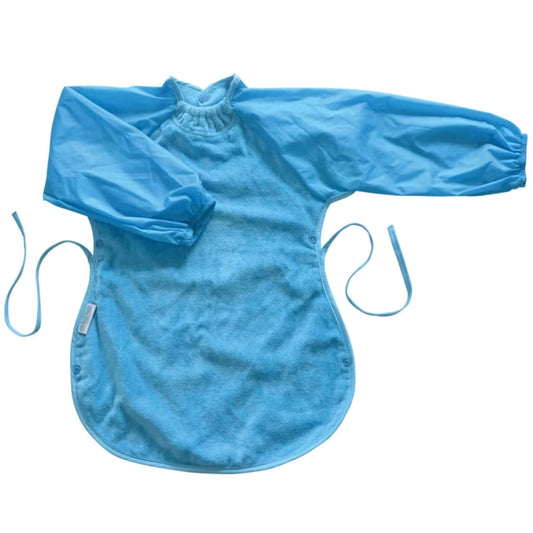 Silly Billyz Towel Messy Eater Bib in aqua with long sleeves, absorbent towelling front, waterproof backing and extended shape designed to drape over the lap.