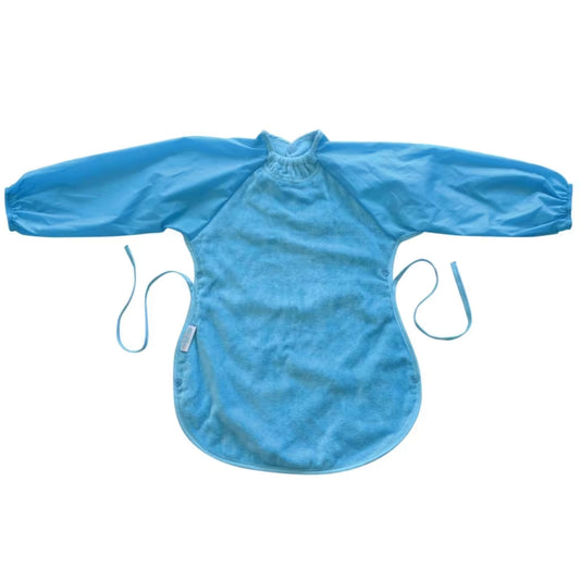 Aqua long-sleeve toddler bib laid flat with extended front panel, side ties, elasticated cuffs and a soft towelling centre section.