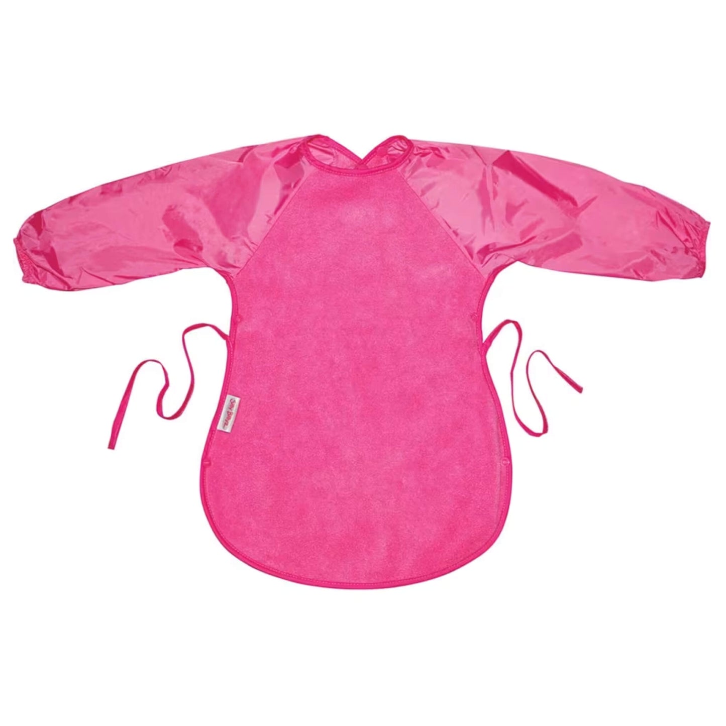 Silly Billyz Towel Messy Eater Bib in cerise pink with long sleeves, absorbent towelling front, waterproof backing and extended shape designed to drape over the lap.