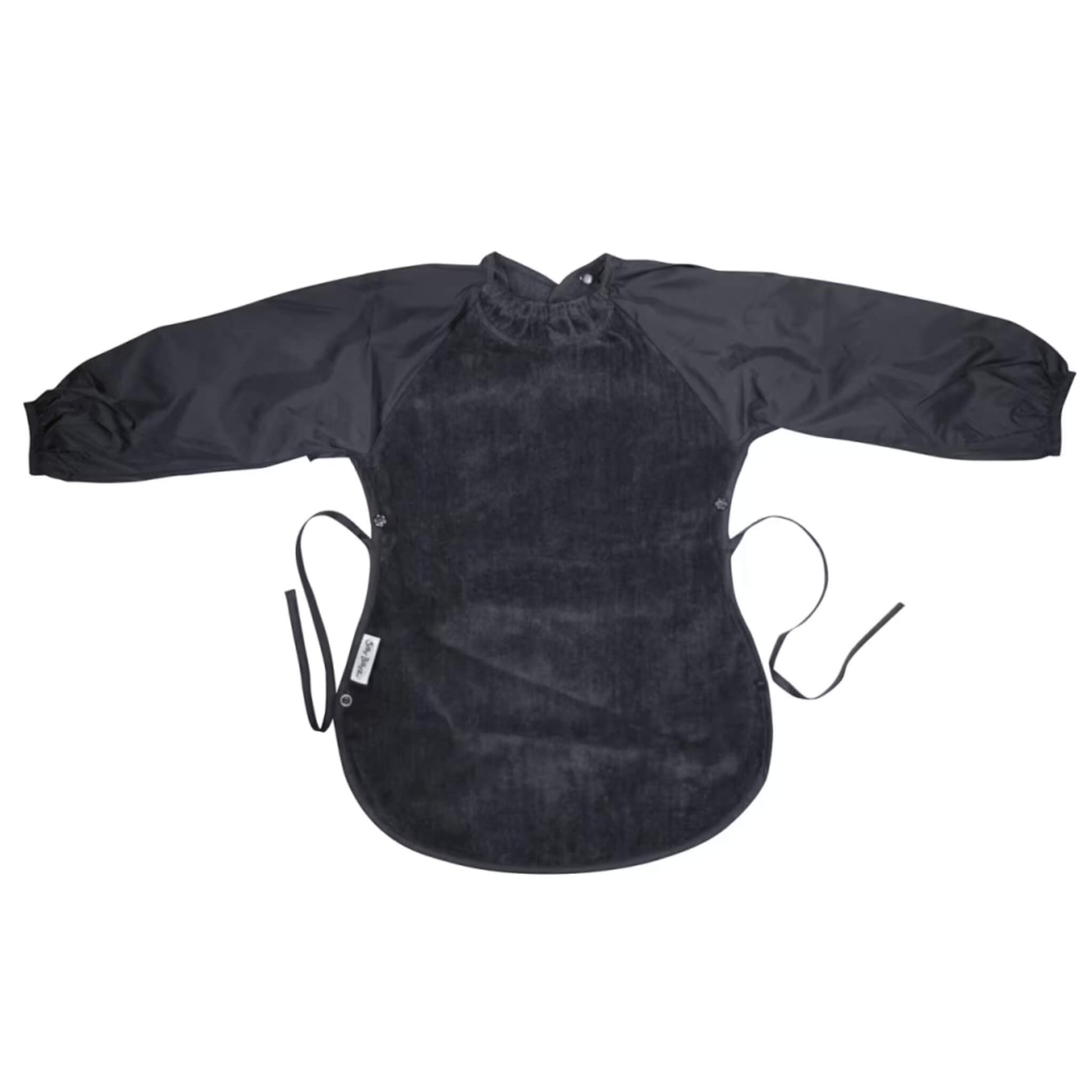 Silly Billyz Towel Messy Eater Bib in grey with long sleeves, absorbent towelling front, waterproof backing and extended shape designed to drape over the lap.