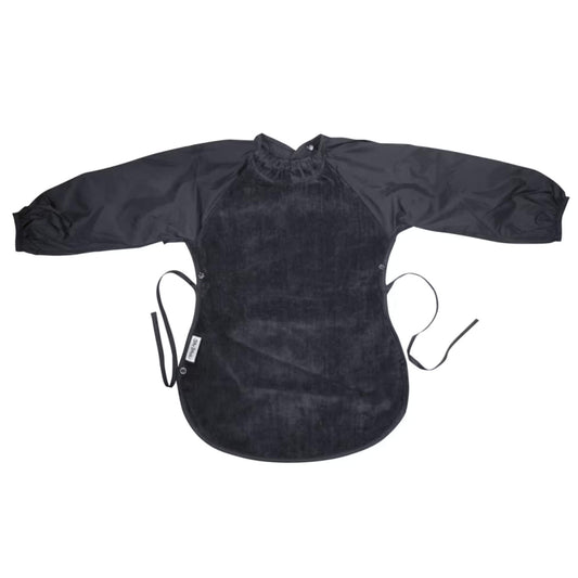Silly Billyz Towel Messy Eater Bib in grey with long sleeves, absorbent towelling front, waterproof backing and extended shape designed to drape over the lap.