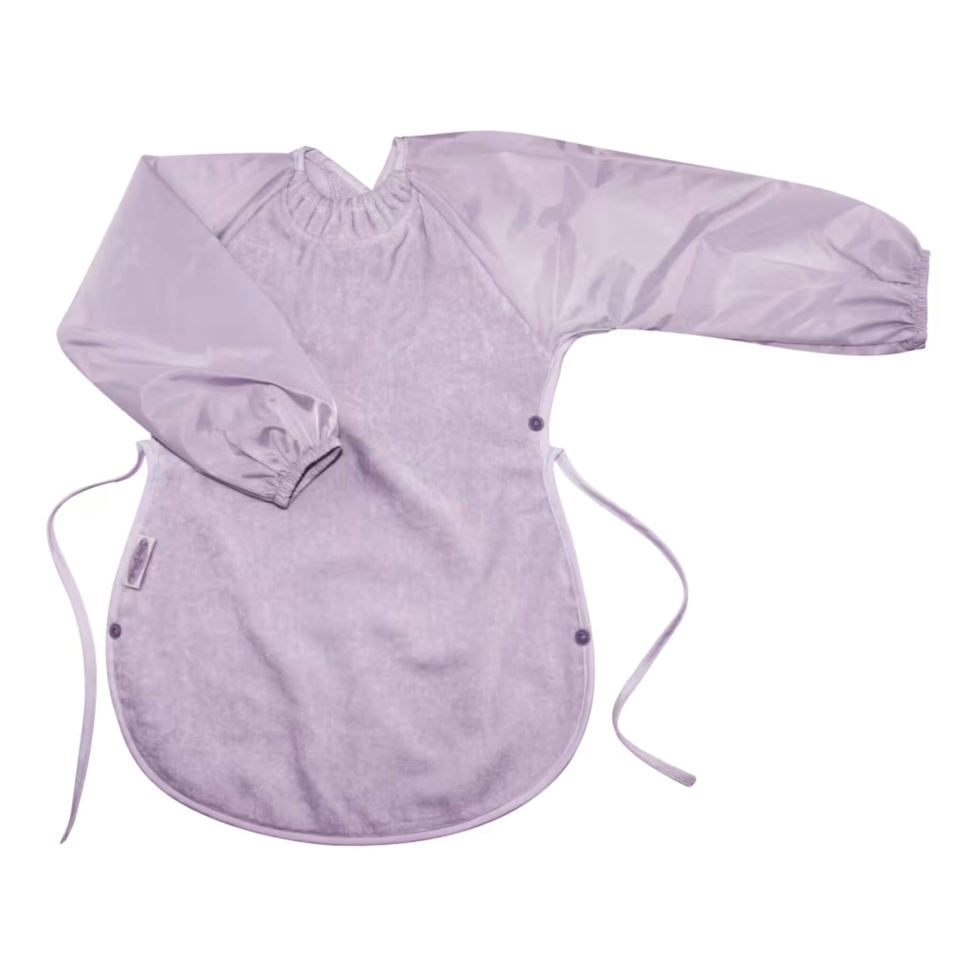 Silly Billyz Towel Messy Eater Bib in lavender with long sleeves, absorbent towelling front, waterproof backing and extended shape designed to drape over the lap.