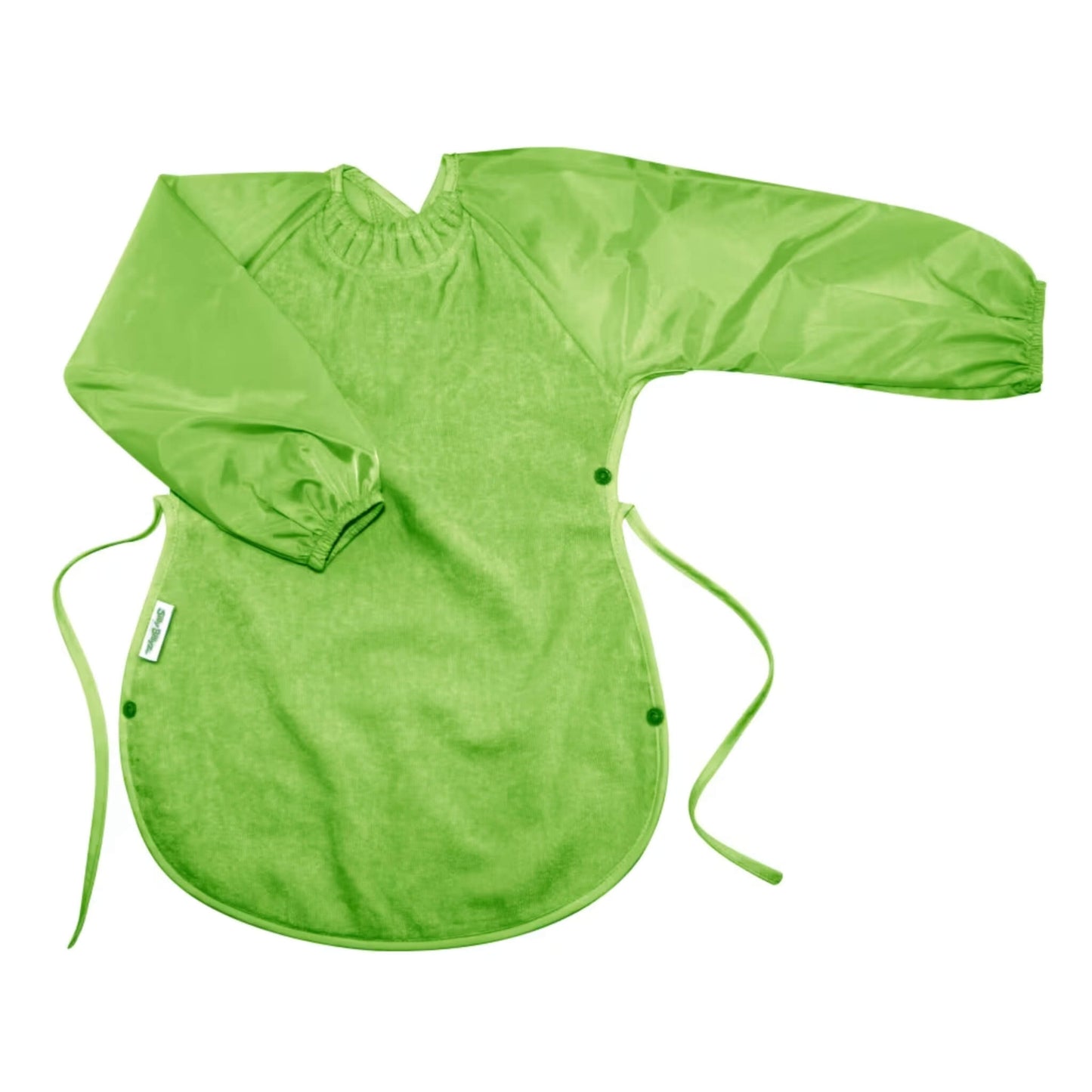 Silly Billyz Towel Messy Eater Bib in lime green with long sleeves, absorbent towelling front, waterproof backing and extended shape designed to drape over the lap.