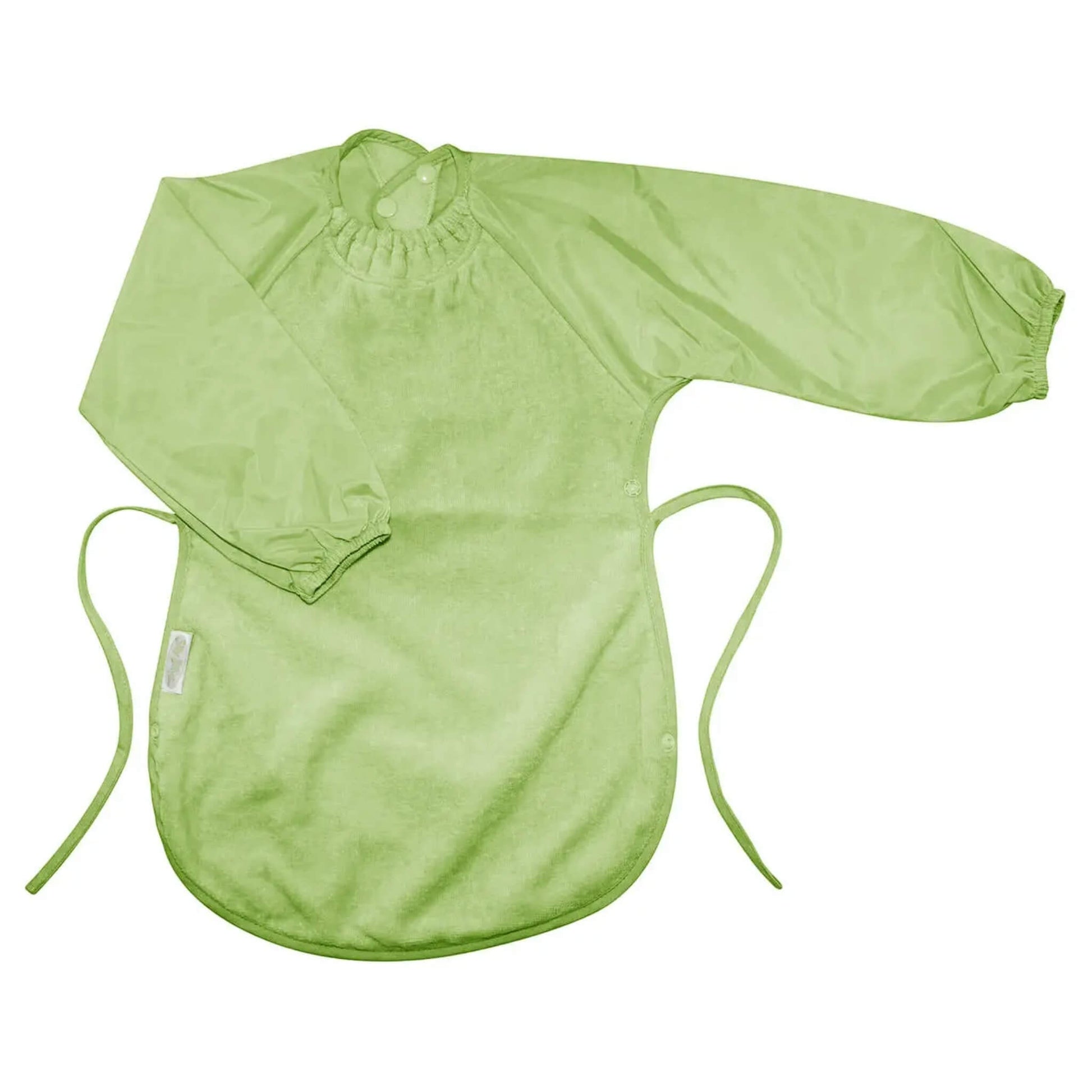 A Silly Billyz Towel Messy Eater Bib in sage shown laid flat, with long waterproof sleeves, a towelling front, an elasticated neckline and side ties.