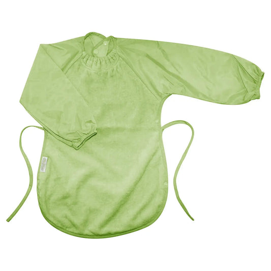 A Silly Billyz Towel Messy Eater Bib in sage shown laid flat, with long waterproof sleeves, a towelling front, an elasticated neckline and side ties.