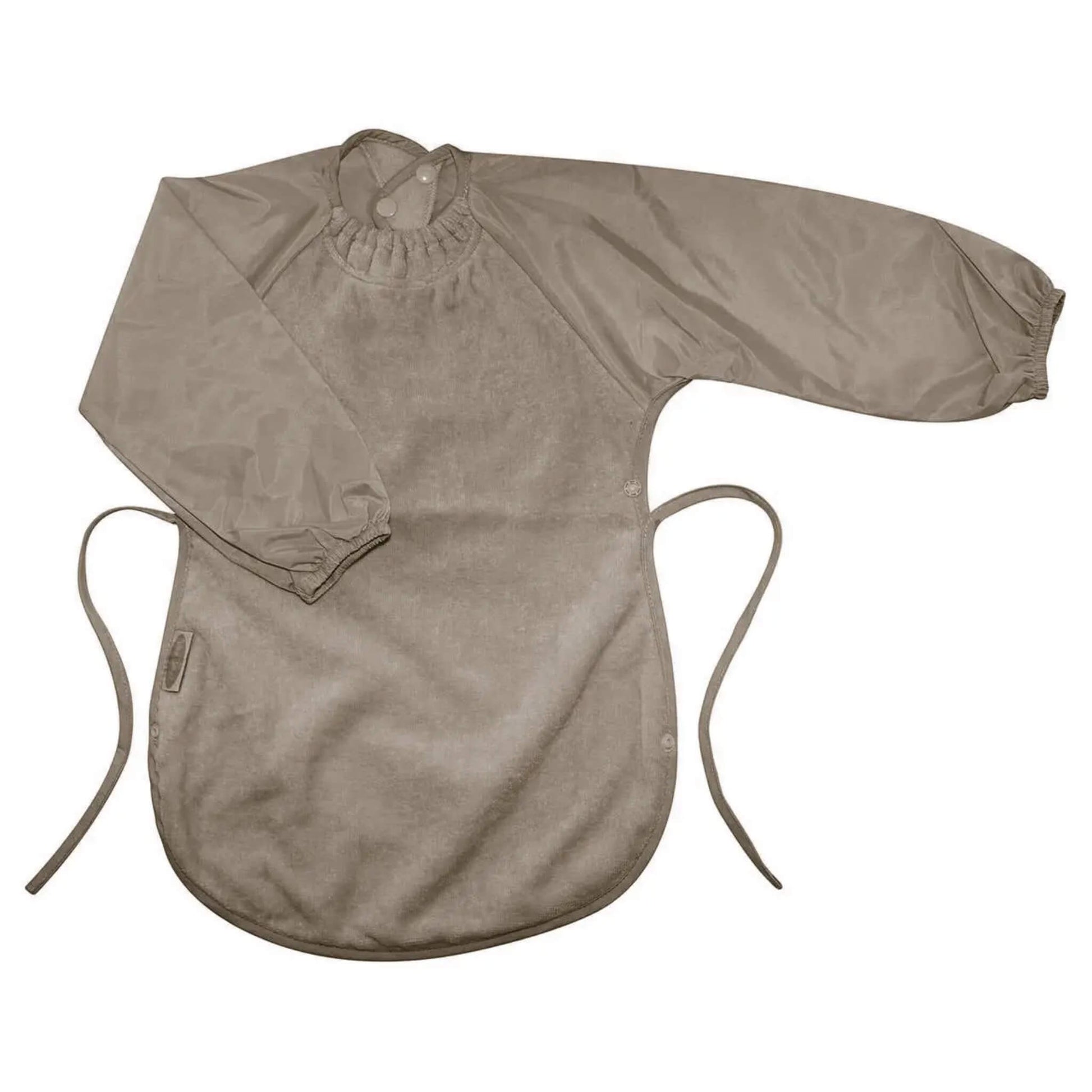 A Silly Billyz Towel Messy Eater Bib in taupe laid flat, showing long waterproof sleeves, a soft towelling front, an elasticated neckline and side ties.
