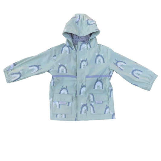 Silly Billyz Waterproof Jacket with hood in pale sage green, featuring an all-over rainbow and animal face print, elasticated cuffs, front zip with storm flap, reflective chest strip, and two flap pockets.