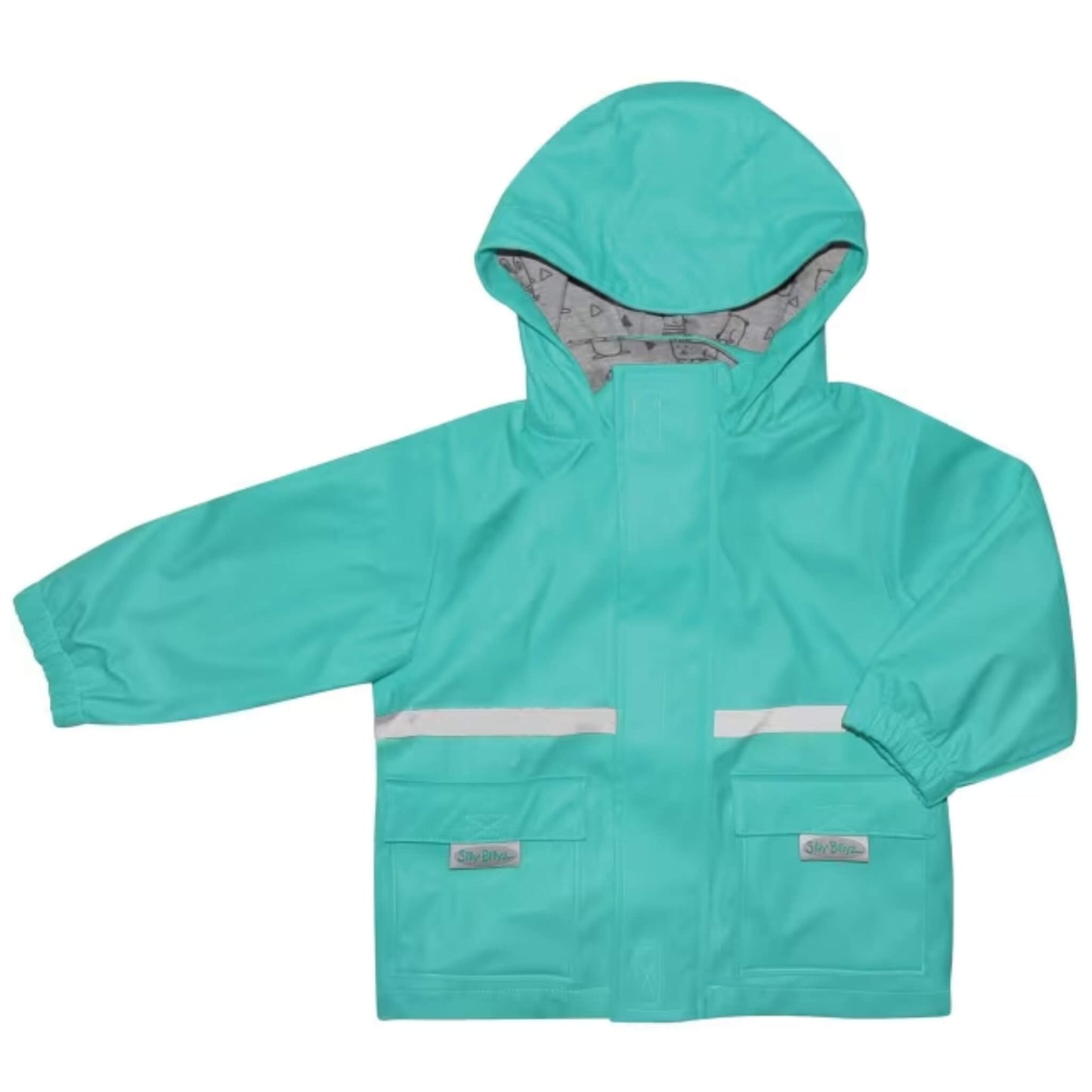 Silly Billyz Waterproof Jacket in aqua with a hooded design, soft PU outer fabric, reflective chest strips and front patch pockets for everyday wet weather wear.