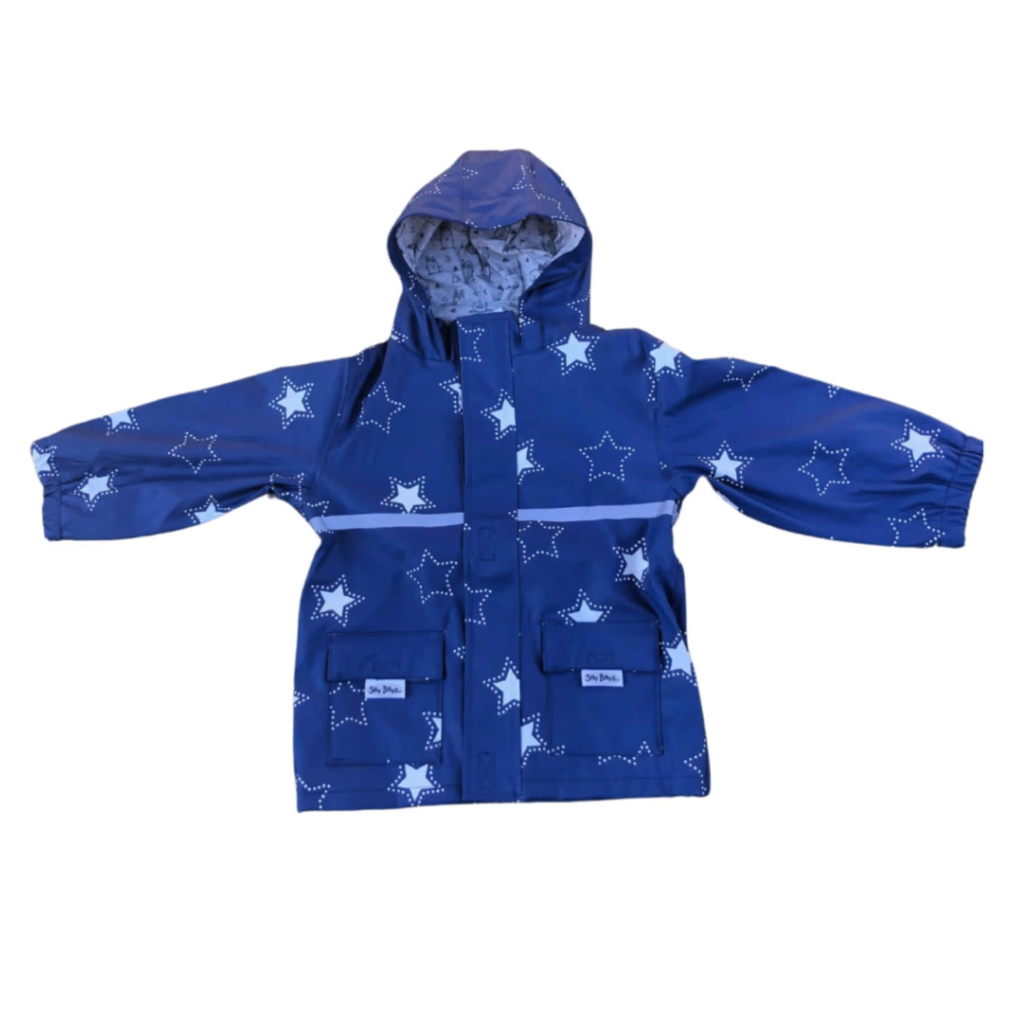 Silly Billyz Waterproof Jacket in navy blue with white star print, featuring a hood, elasticated cuffs, reflective strip across the chest, and two front flap pockets on a white background.