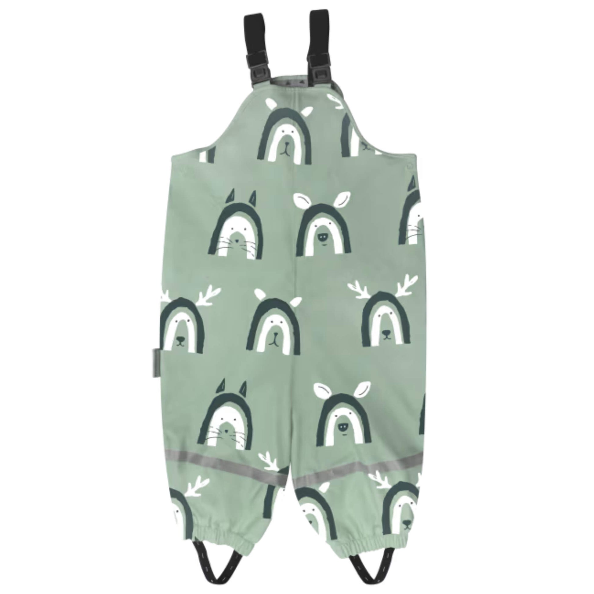 A pair of sage green waterproof children’s overalls with adjustable shoulder straps, elastic ankle cuffs, reflective leg stripe, and an all-over animal face print.
