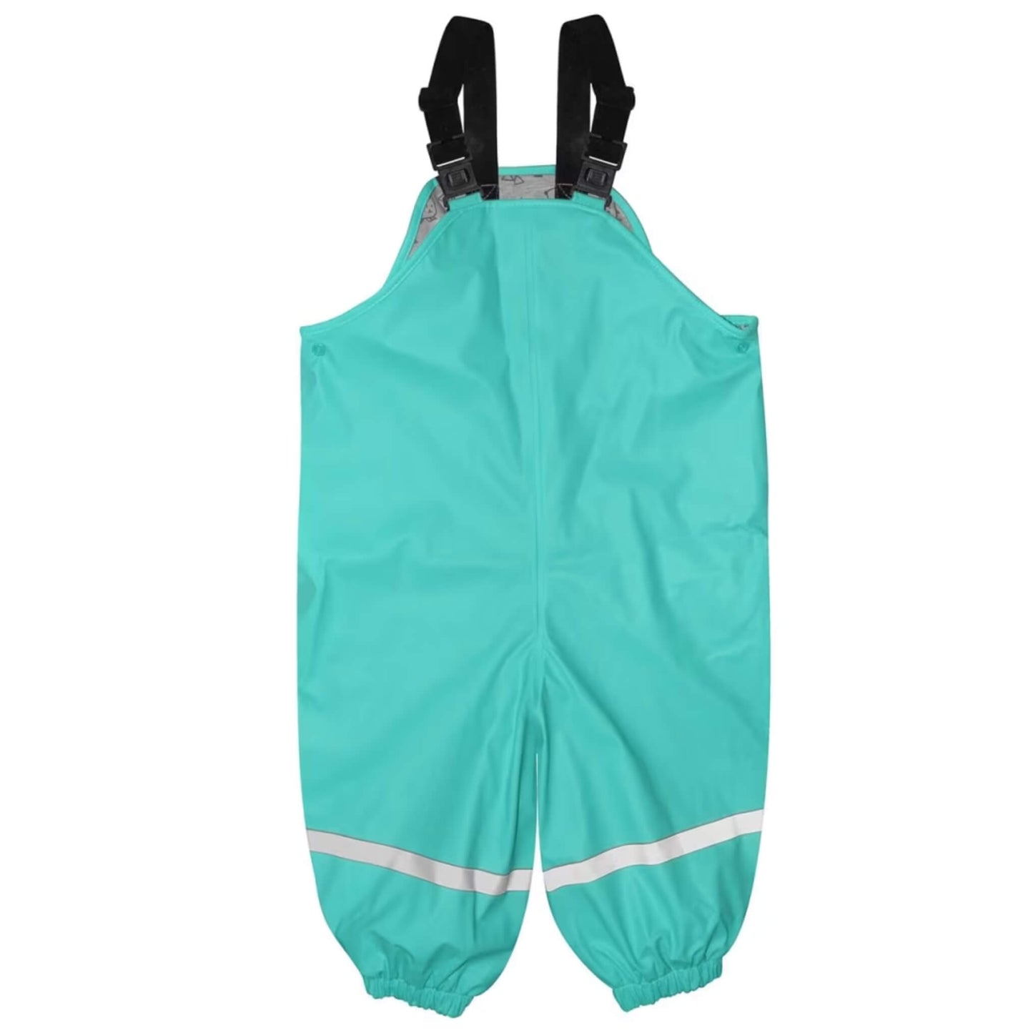Silly Billyz waterproof overalls in aqua with adjustable black shoulder straps, elasticated ankle cuffs, and reflective striping around the lower legs, shown laid flat on a white background.