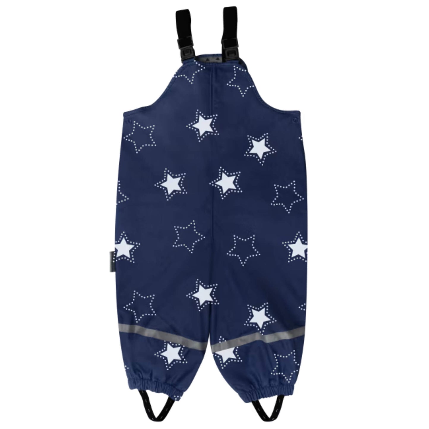 Navy waterproof children’s overalls with white star print, adjustable shoulder straps, elasticated ankles with foot loops, and a reflective strip around lower legs, photographed front-on.