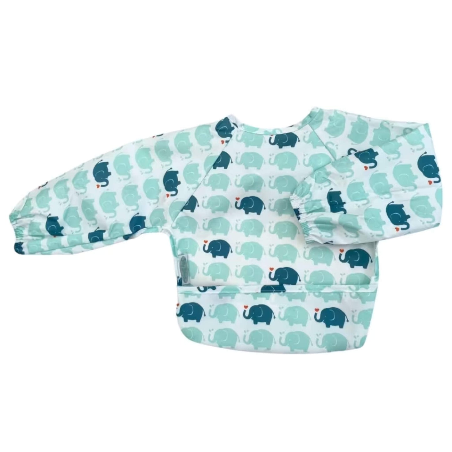 A Silly Billyz Wipe Clean Long Sleeve Bib in the Elephant Love print shown laid flat, with elasticated cuffs and a pocket along the lower edge.