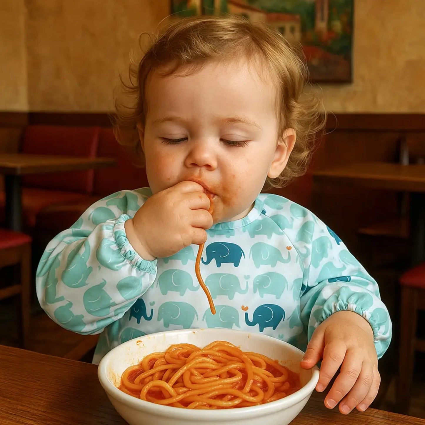 A toddler eating spaghetti while wearing a long-sleeve bib decorated with teal and navy elephants, with sauce on their mouth and a bowl of pasta in front of them.