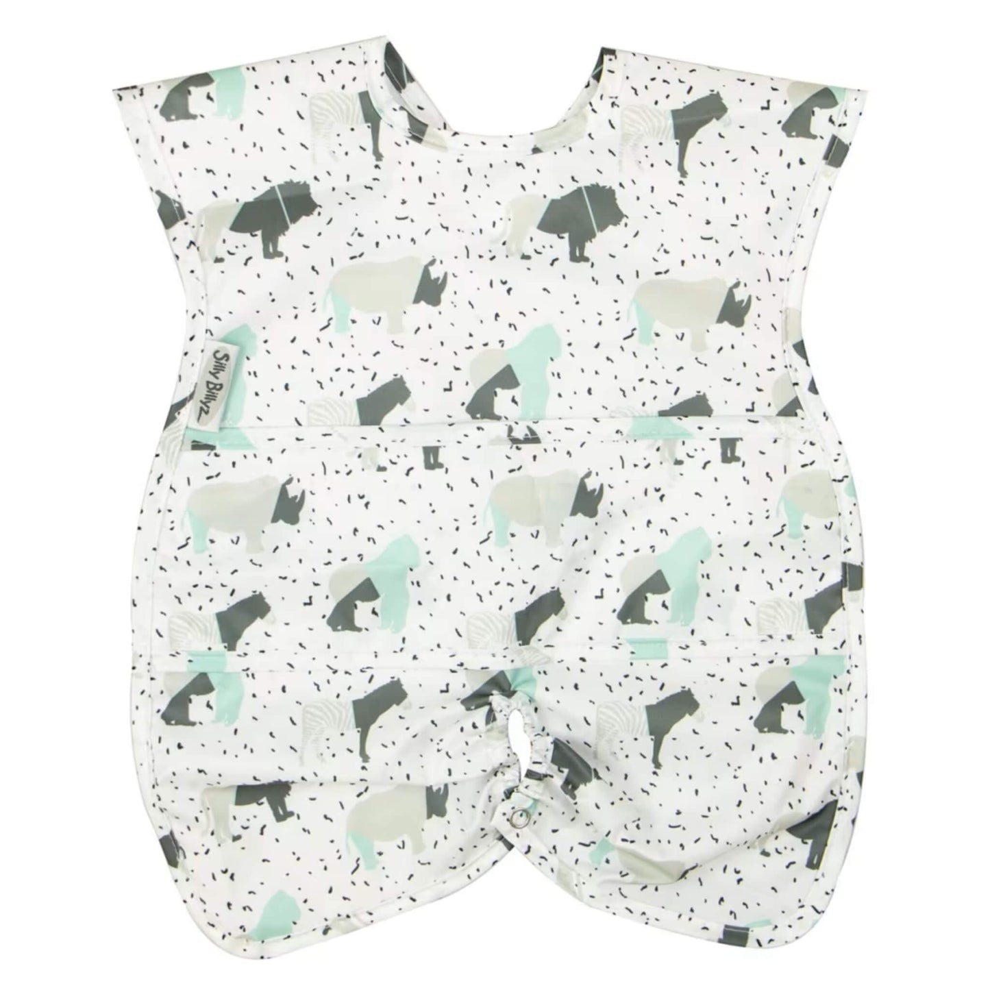 Silly Billyz Wipe Clean Highchair Hugger Bib in the Animal print, featuring a sleeveless full-coverage design with a wipe-clean surface, highchair attachment strap and softly patterned neutral animals.