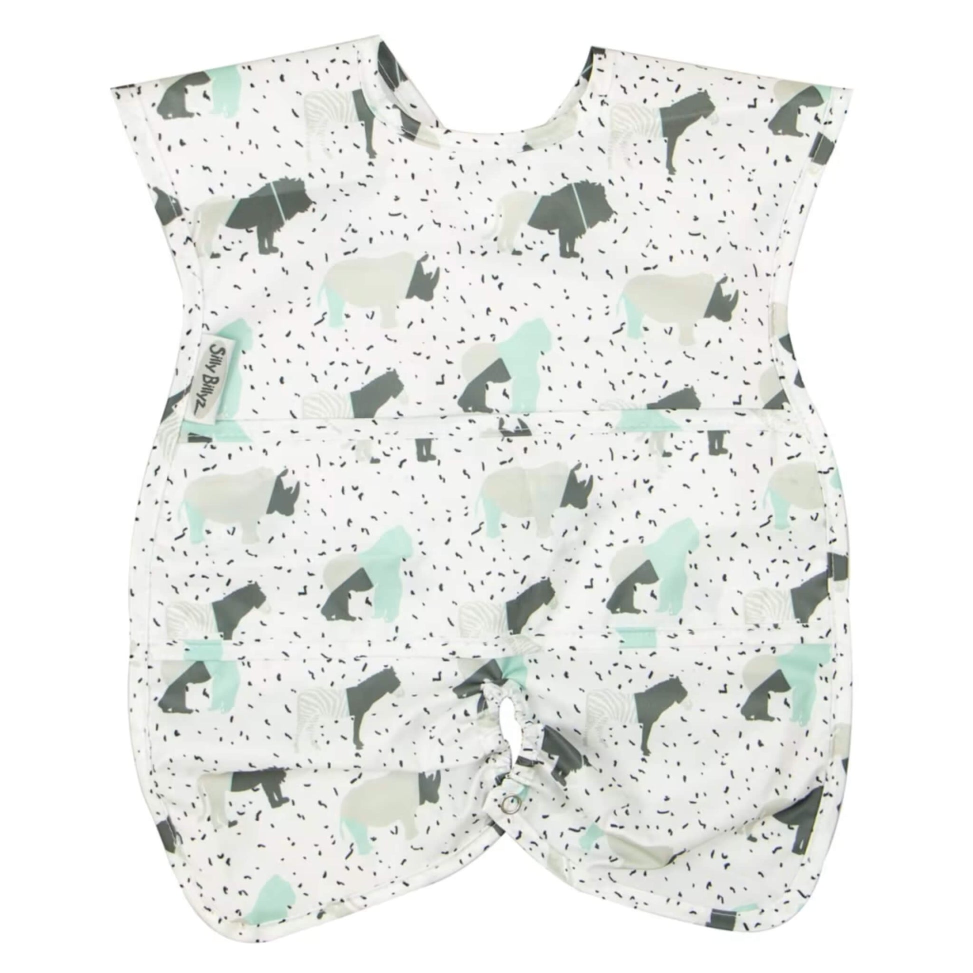 Silly Billyz Wipe Clean Highchair Hugger Bib in the Animal print, featuring a sleeveless full-coverage design with a wipe-clean surface, highchair attachment strap and softly patterned neutral animals.