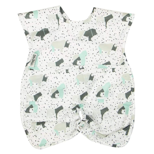 Silly Billyz Wipe Clean Highchair Hugger Bib in the Animal print, featuring a sleeveless full-coverage design with a wipe-clean surface, highchair attachment strap and softly patterned neutral animals.
