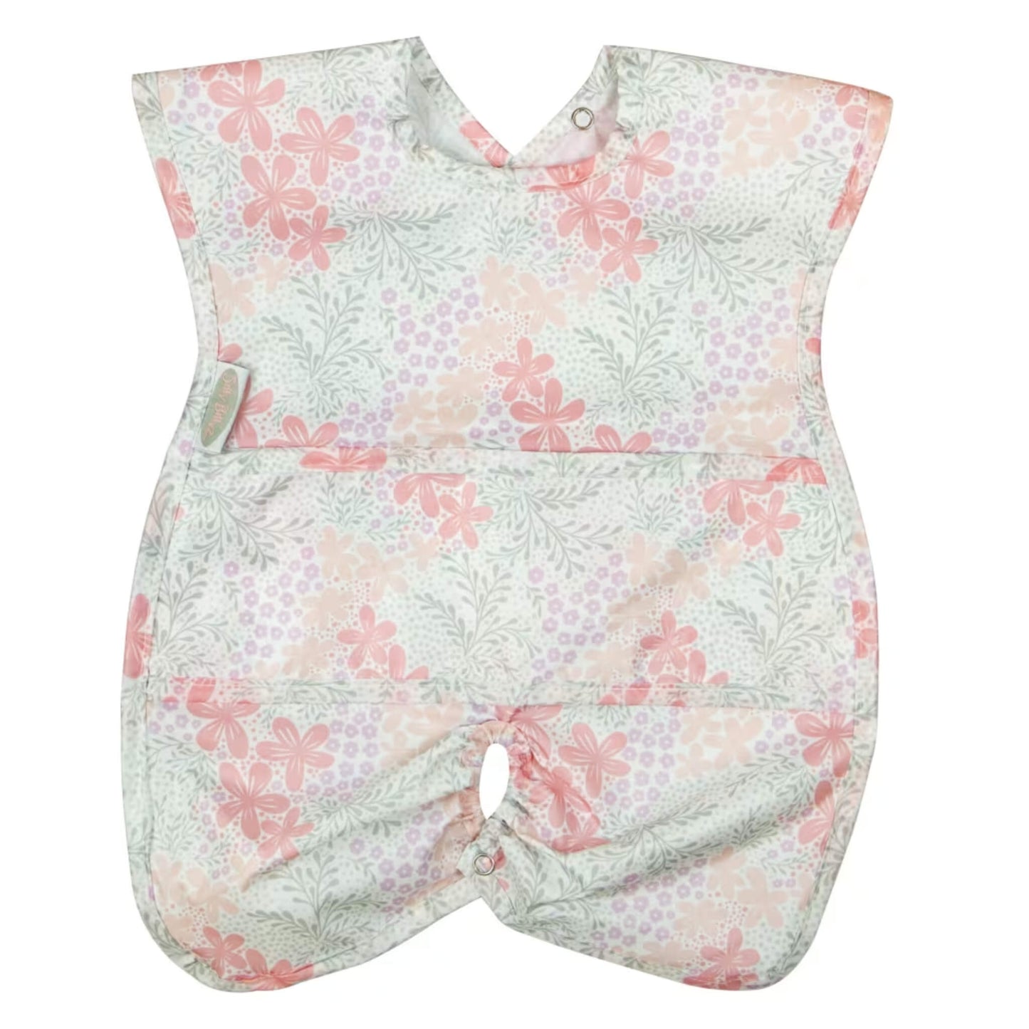 Silly Billyz Wipe Clean Highchair Hugger Bib in the Bloom print, shown laid flat with wide shoulder coverage, a contoured shape, and a snap fastening at the base for attaching to a highchair.