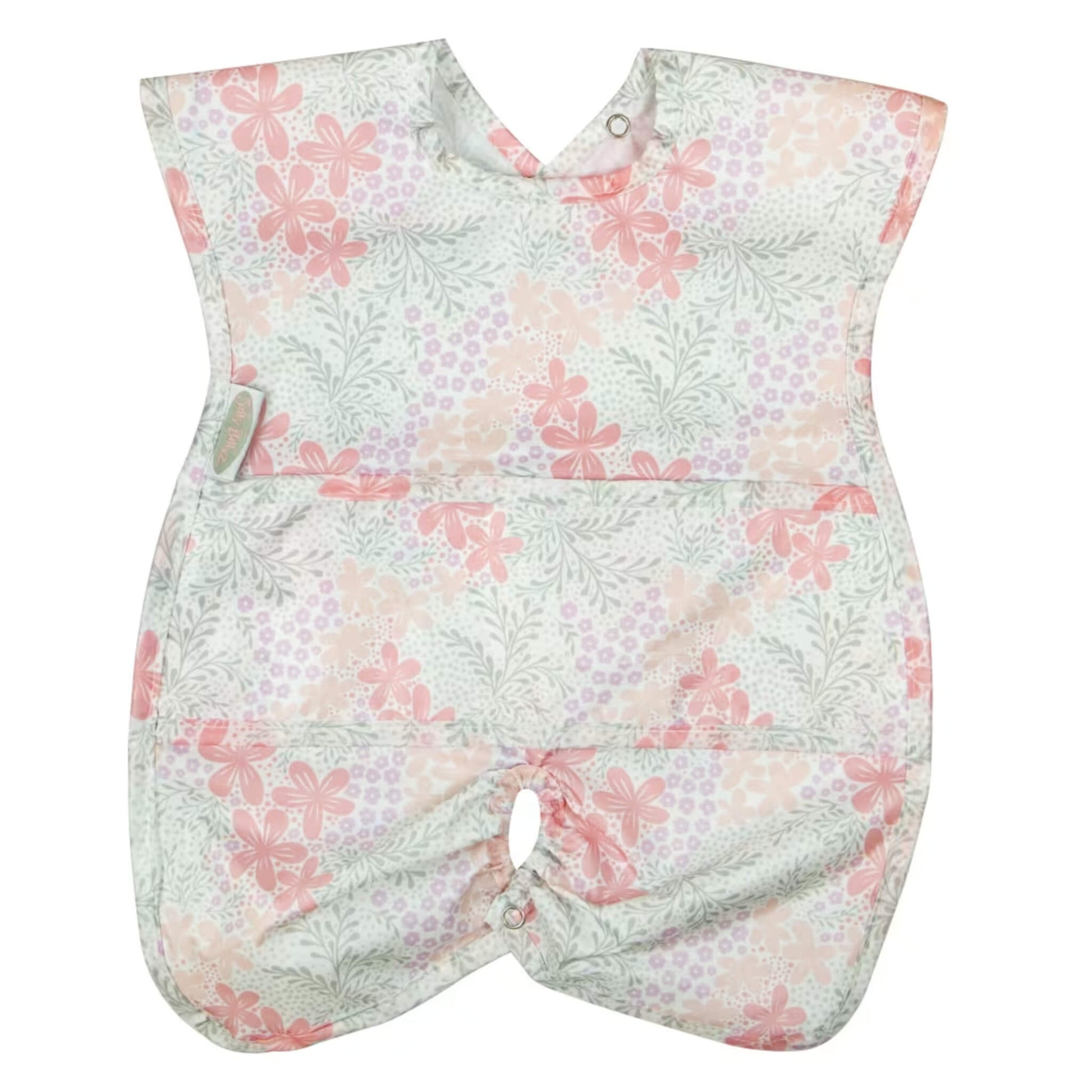 Silly Billyz Wipe Clean Highchair Hugger Bib in the Bloom print, shown laid flat with wide shoulder coverage, a contoured shape, and a snap fastening at the base for attaching to a highchair.