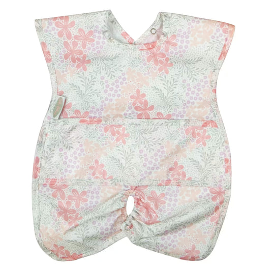Silly Billyz Wipe Clean Highchair Hugger Bib in the Bloom print, shown laid flat with wide shoulder coverage, a contoured shape, and a snap fastening at the base for attaching to a highchair.