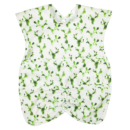 Silly Billyz Wipe Clean Highchair Hugger Bib in the Cactus print, shown laid flat with wide shoulder coverage, a contoured shape, and a snap fastening at the base for attaching to a highchair.