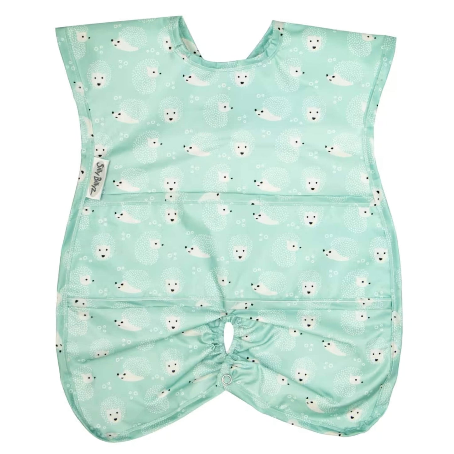 Silly Billyz Wipe Clean Highchair Hugger Bib in the Hedgehog print, shown laid flat with wide shoulder coverage, a contoured shape, and a snap fastening at the base for attaching to a highchair.